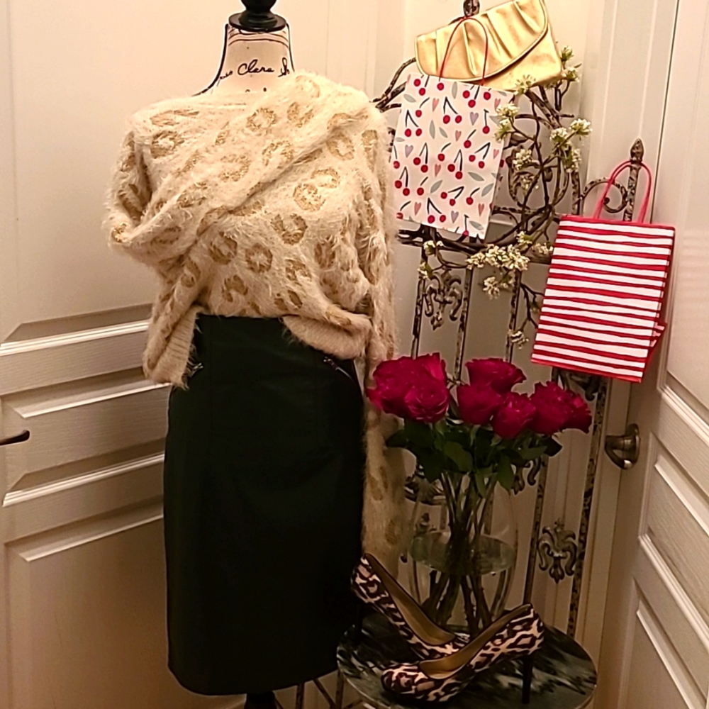 NWT CATHERINE MALANDRINO Forest Green Faux Leather Pencil Skirt  sz 8